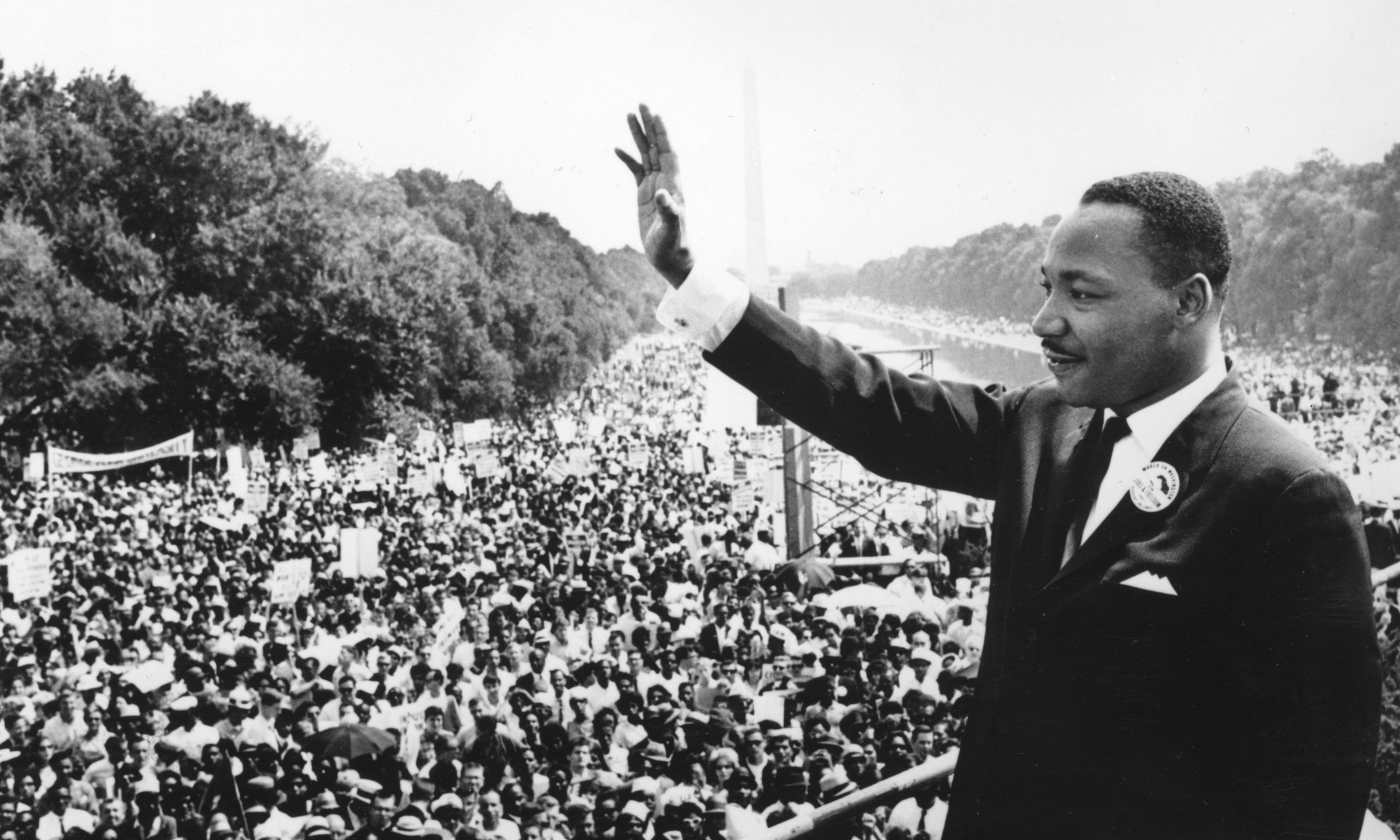 A black and white picture of the crowd at Martin Luther King Jr.'s, "I have a dream" speech